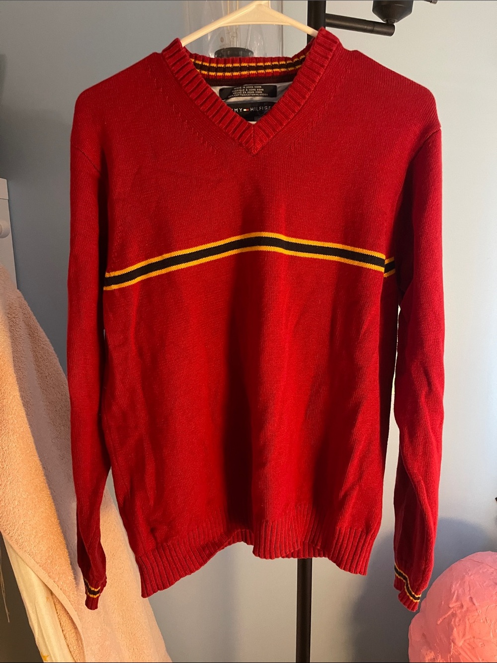 Tommy Hilfiger Red V-Neck Sweater with Black and Yellow Stripe